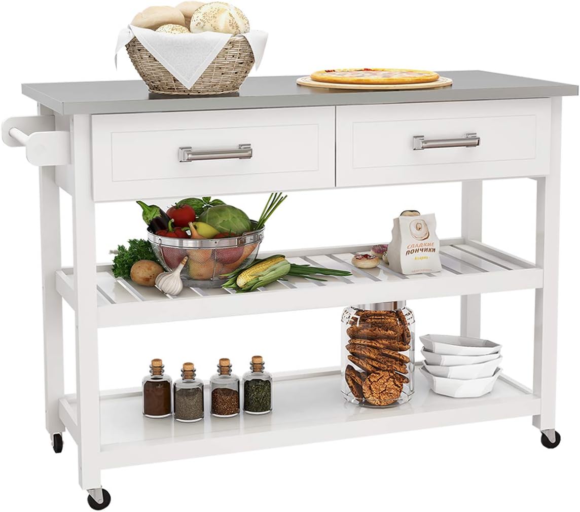 White Kitchen Cart with Stainless Steel Top I48896