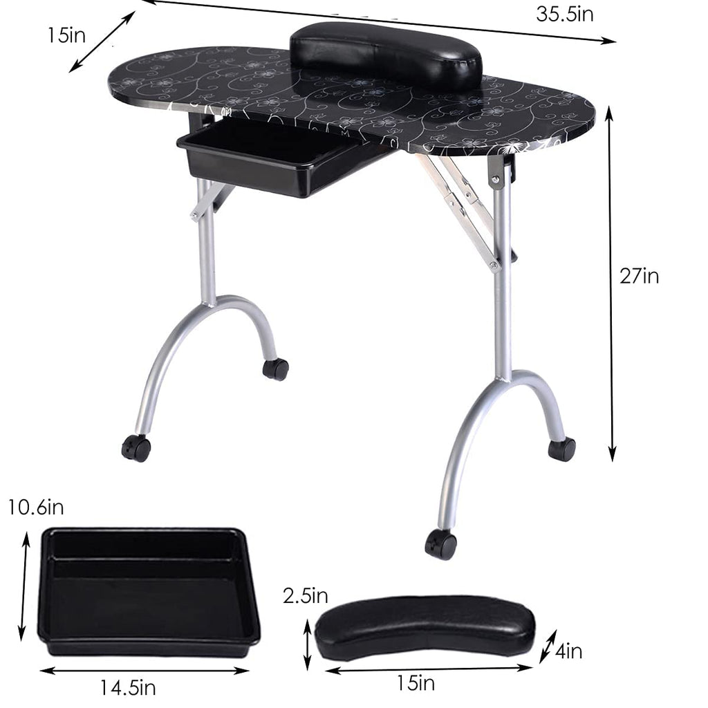 Black Portable Manicure Table with Drawer and Casters E416
