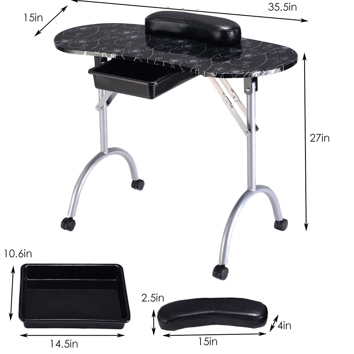 Black Portable Manicure Table with Drawer and Casters E416