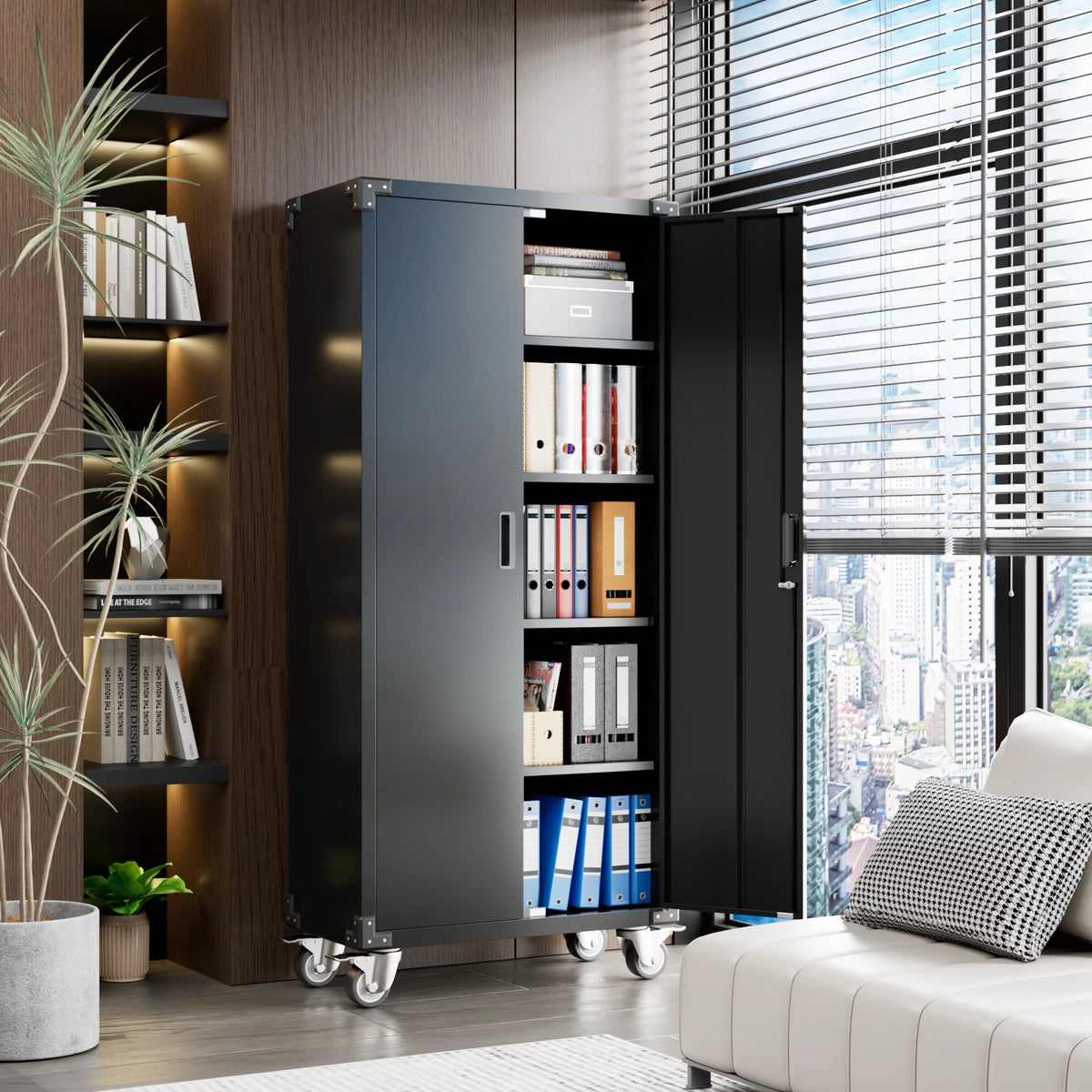 Metal Storage Cabinet with Lock, 72In Steel Storage Cabinet with Wheels, Black J98037