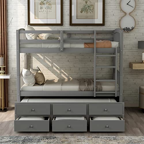 Twin Over Twin Wooden Bunk Bed with Trundle and 3 Storage Drawers N615