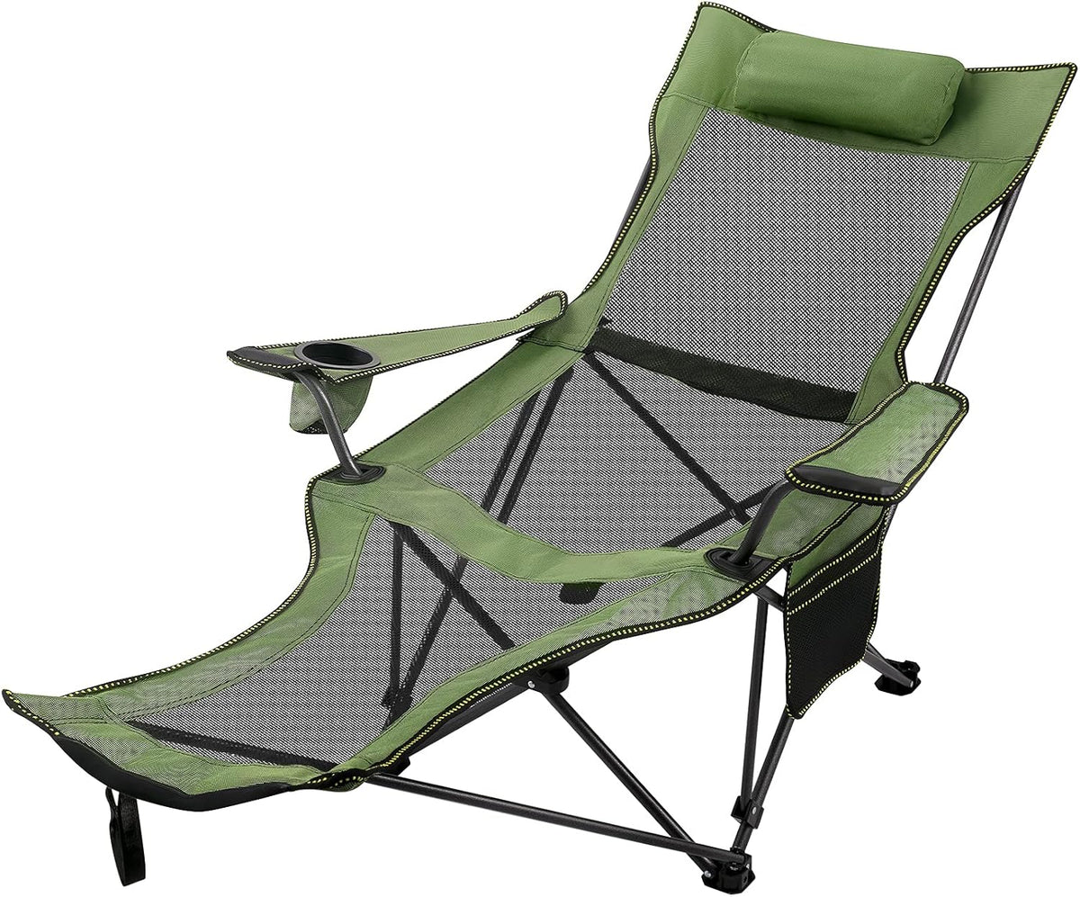 Green Folding Camp Chair with Footrest and Cup Holder I8242