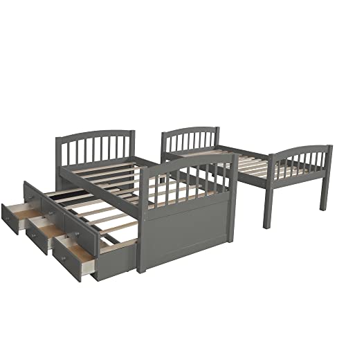 Twin Over Twin Wooden Bunk Bed with Trundle and 3 Storage Drawers N615