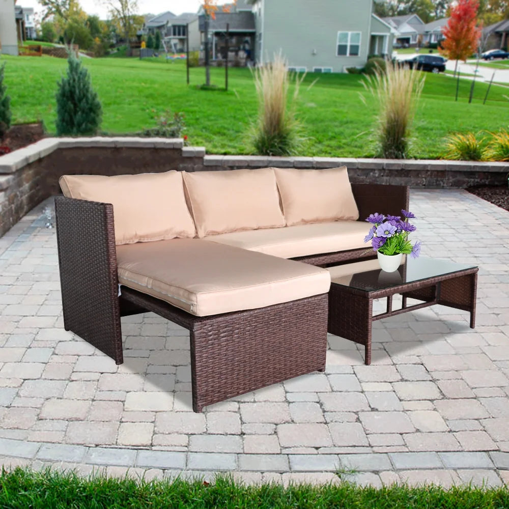 Rattan Sofa 3 Pieces Wood PE Wicker Ottoman With Coffee Table Patio Sofa Set U606824