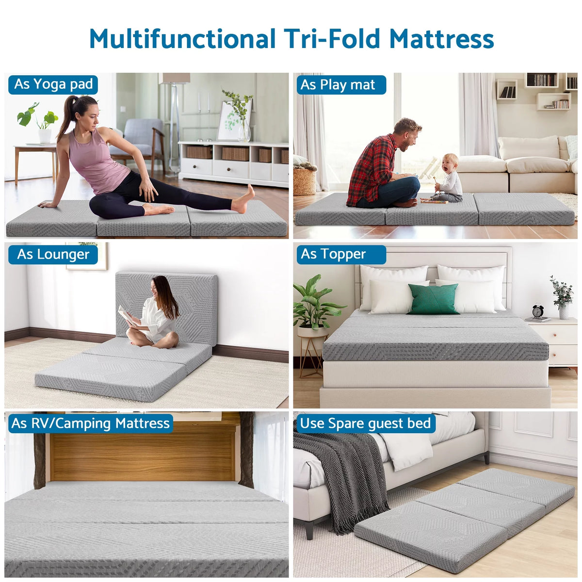 Gray Tri Fold Gel Memory Foam Mattress with Washable Cover S175