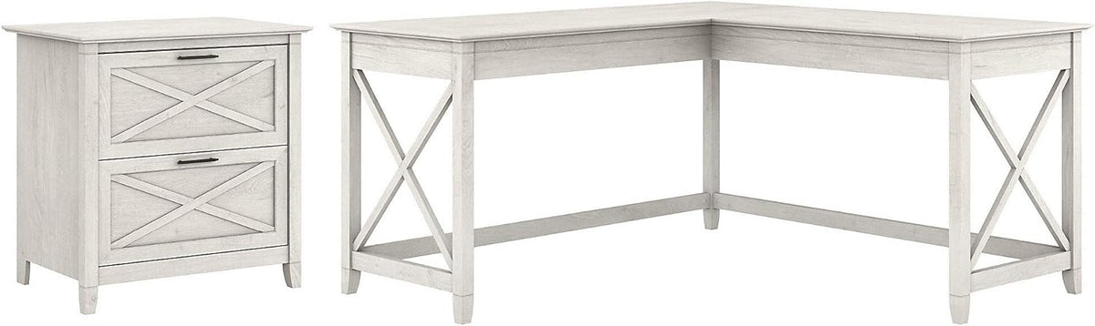 L Shaped Desk with 2 Drawer Lateral File Cabinet, Dark Gray Hickory I59613