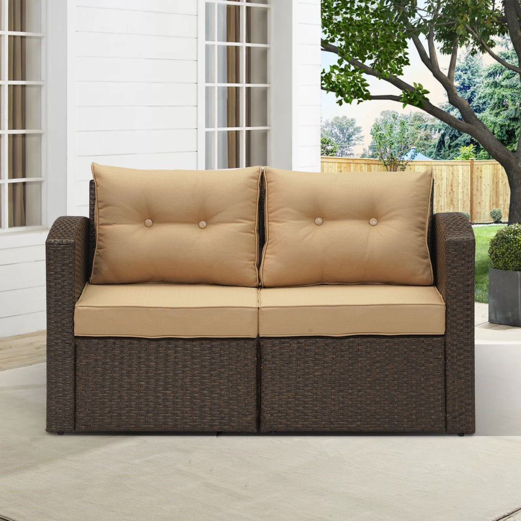 Brown Wicker Rattan Corner Sofa with Beige Cushions Y1049