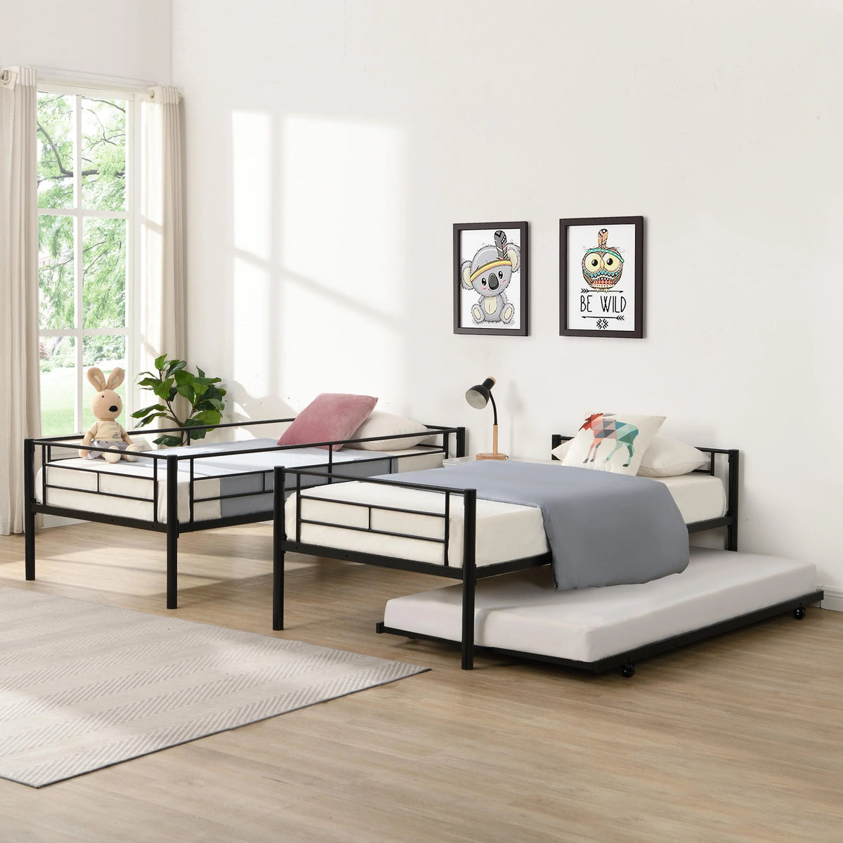 Black Twin Over Twin Metal Bunk Bed with Trundle R264293
