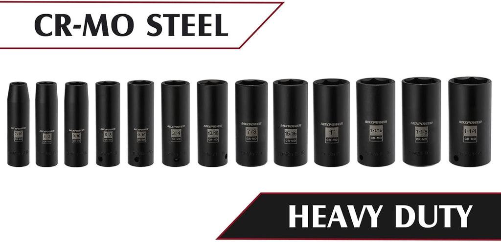13 Pieces 1/2-Inch Drive Deep Impact Socket Set, Cr-Mo Steel, SAE N7118