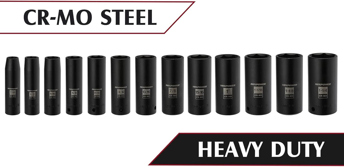 13 Pieces 1/2-Inch Drive Deep Impact Socket Set, Cr-Mo Steel, SAE N7118