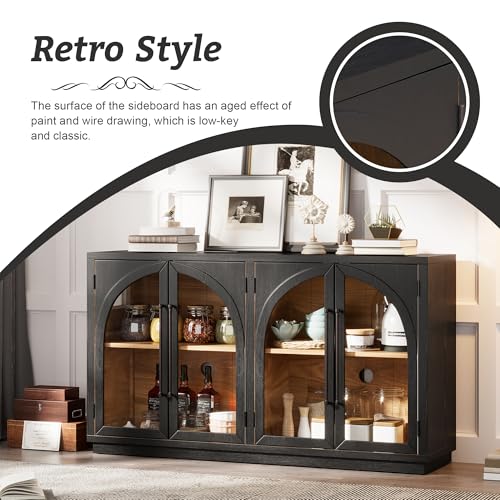Navy Blue 60-Inch Glass Doors Sideboard with Adjustable Shelves P558
