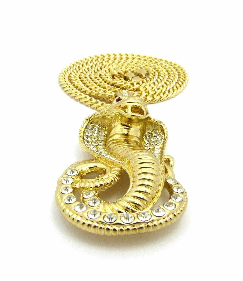 Gold Plated Cubic Zirconia Snake Pendant & 30" Cuban Chain Necklace B6941