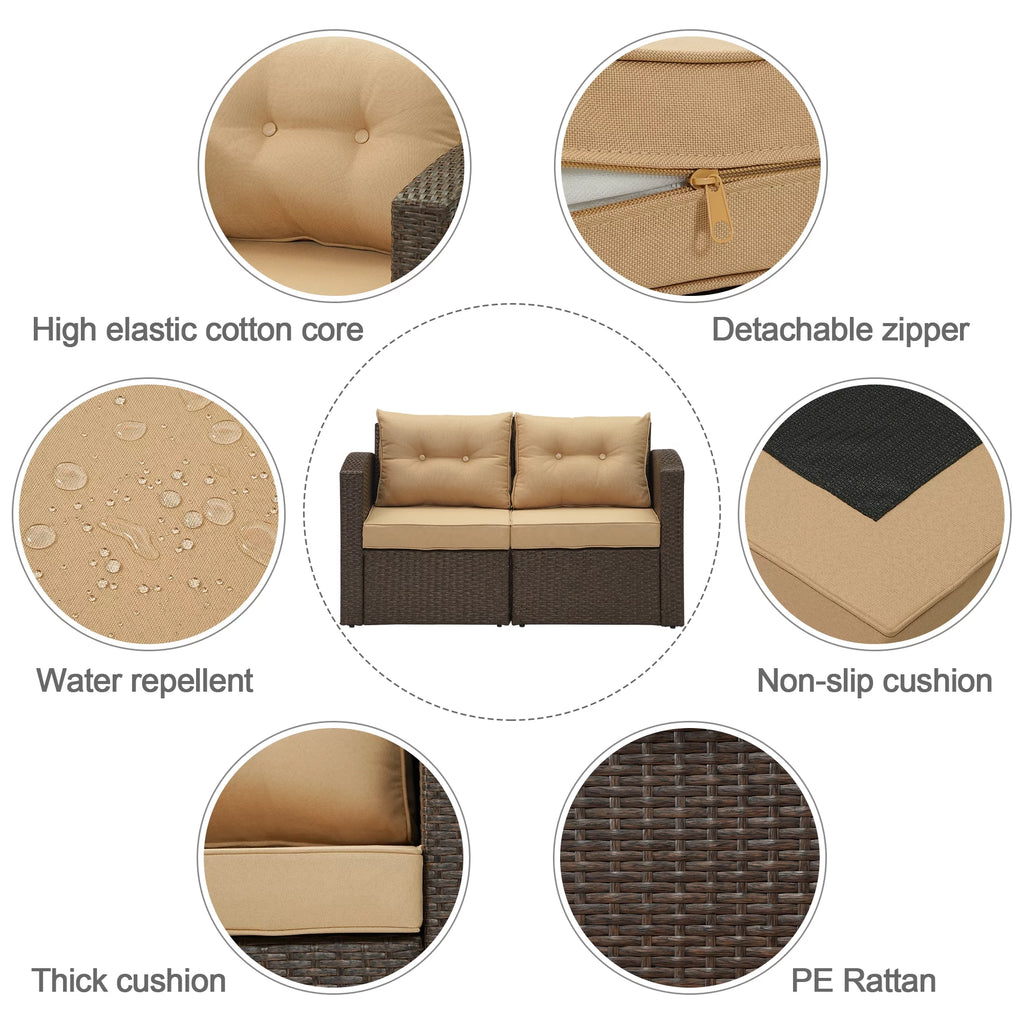 Brown Wicker Rattan Corner Sofa with Beige Cushions Y1049