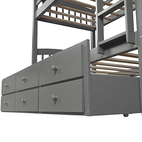 Twin Over Twin Wooden Bunk Bed with Trundle and 3 Storage Drawers N615