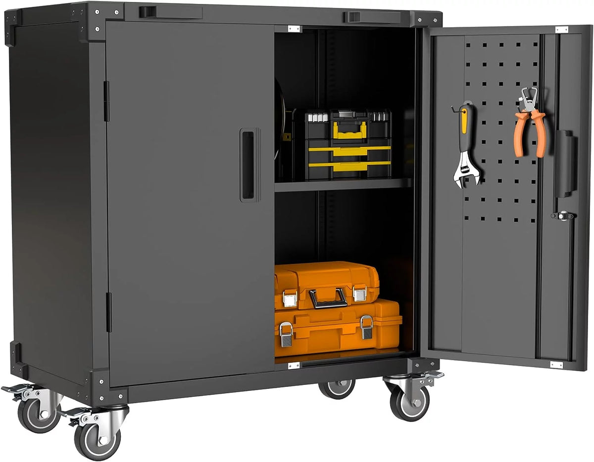 Lockable Steel Storage Cabinet with Adjustable Shelves Wheels Black U242