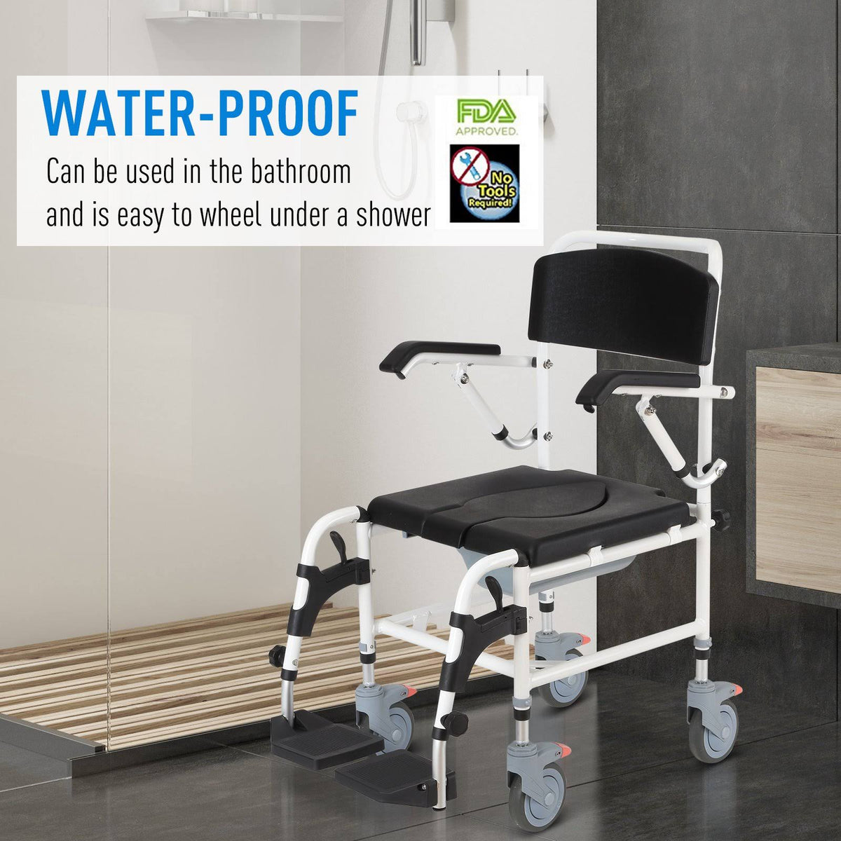 Black Commode Wheelchair with 4 Castor Wheels and Detachable Bucket F4634