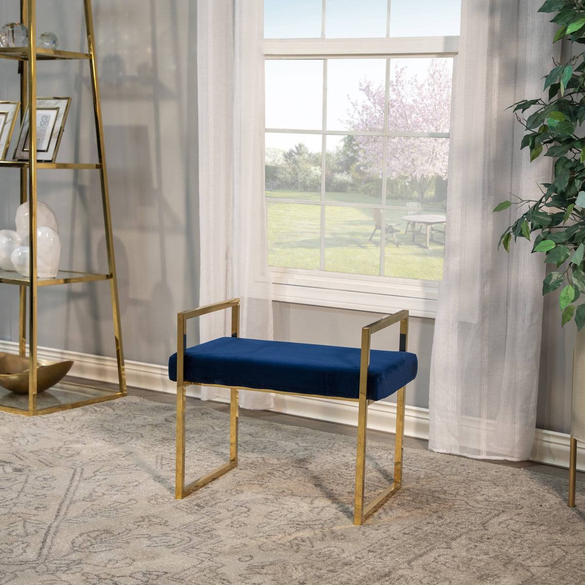 Navy/Gold Velveteen Bench with Handles L5263
