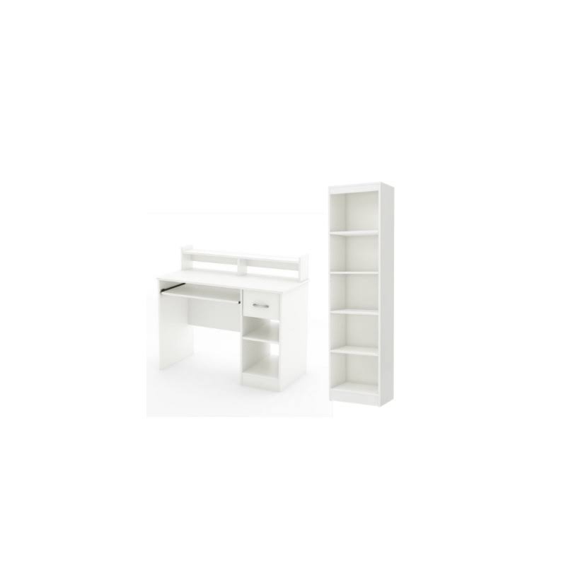 White Desk with Keyboard Tray and 5-Shelf Narrow Bookcase Set Q122
