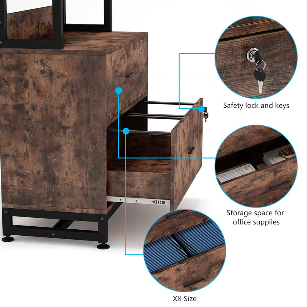 2 Drawer File Cabinet with Lock Bookshelf, Letter Size Printer Stand - Brown Z1998