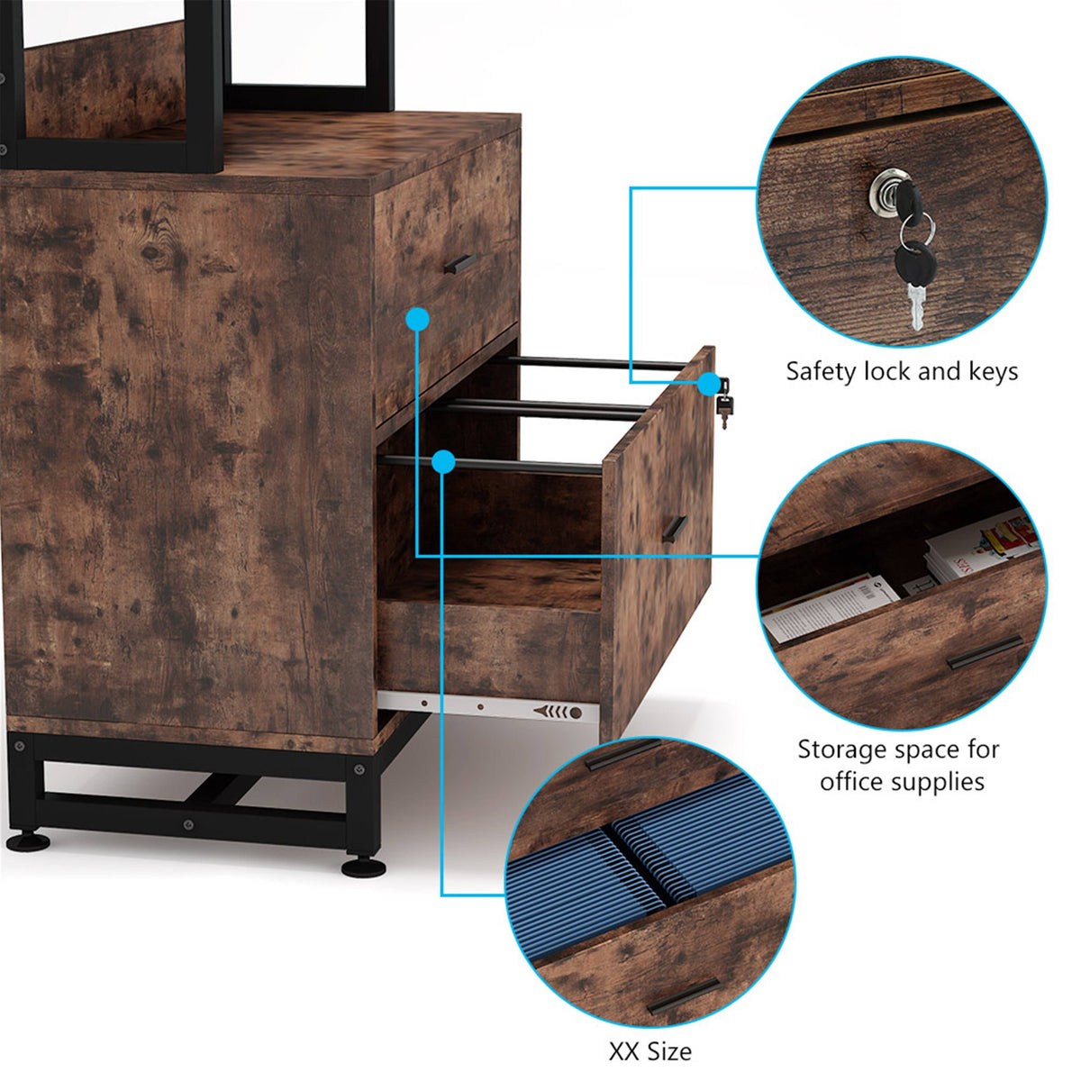 2 Drawer File Cabinet with Lock Bookshelf, Letter Size Printer Stand - Brown Z1998