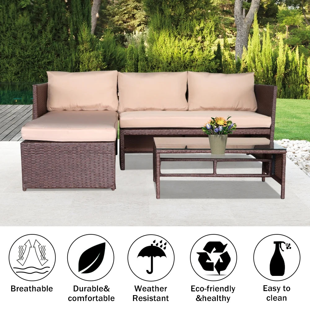 Rattan Sofa 3 Pieces Wood PE Wicker Ottoman With Coffee Table Patio Sofa Set U606824