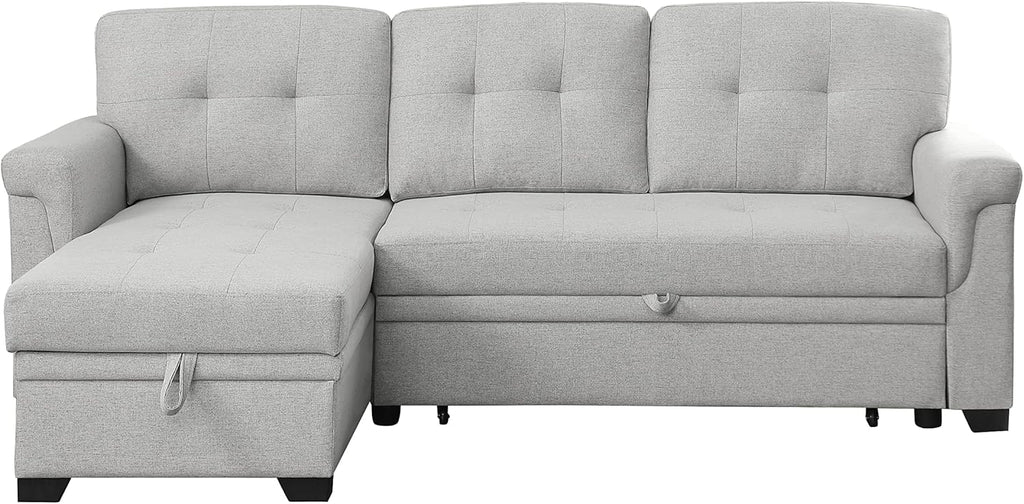 L-Shaped Linen Tufted Reversible Sleeper Sectional Sofa with Pull Out Sleep Couch Bed, Light Gray I3548