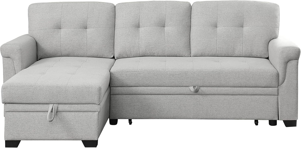 L-Shaped Linen Tufted Reversible Sleeper Sectional Sofa with Pull Out Sleep Couch Bed, Light Gray I3548