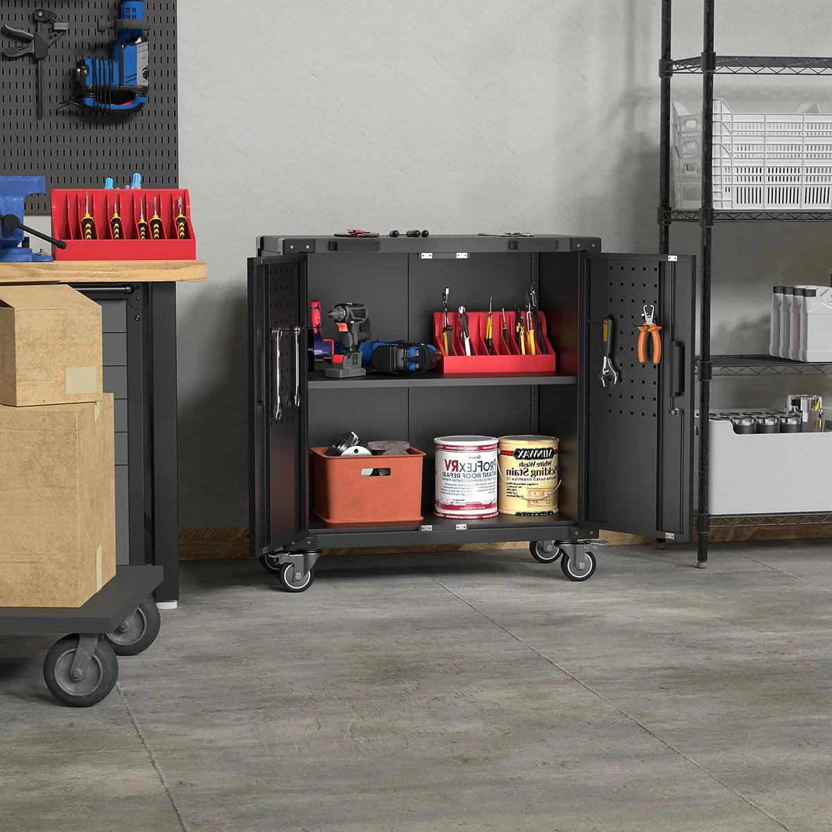 Lockable Steel Storage Cabinet with Adjustable Shelves Wheels Black U242