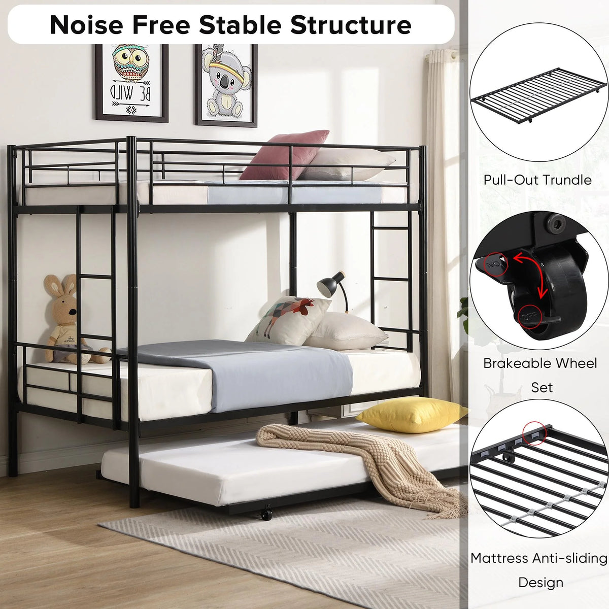 Black Twin Over Twin Metal Bunk Bed with Trundle R264293