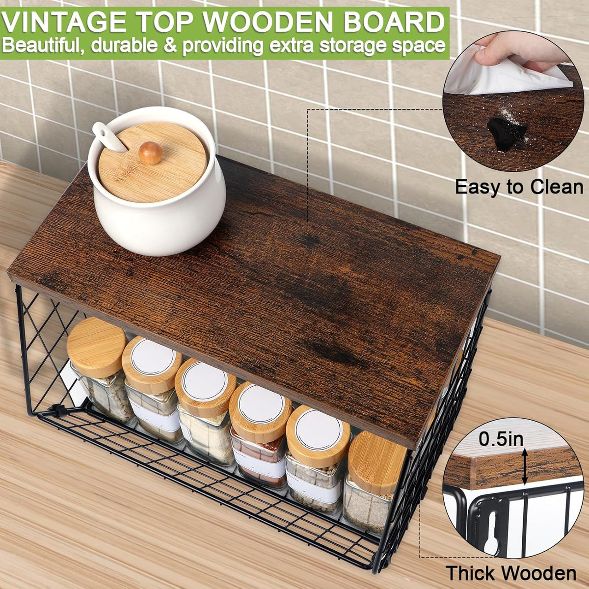 2 Tier Wire Fruit Basket with Wooden Lid B272