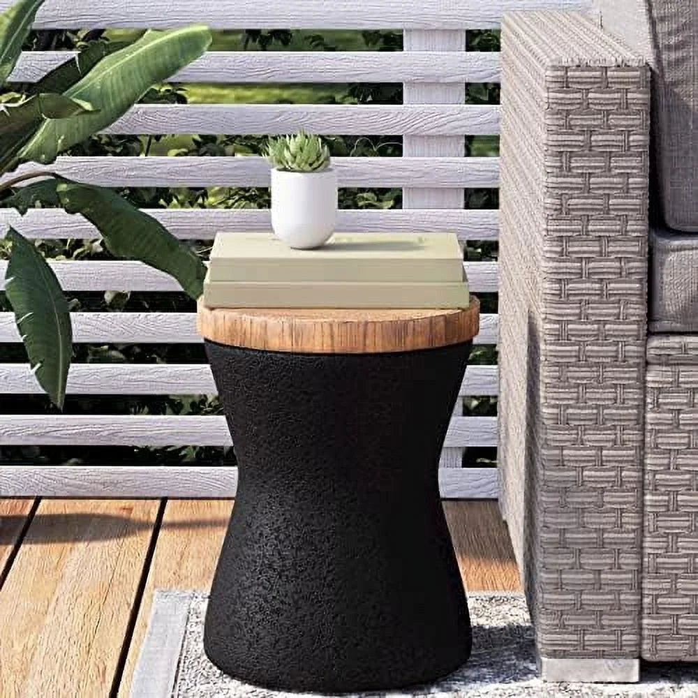 Outdoor End Table Faux-Wood Top Black Base U948
