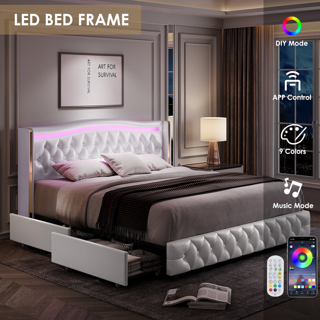 White Queen Size LED Bed Frame with 4 Storage Drawers E6306