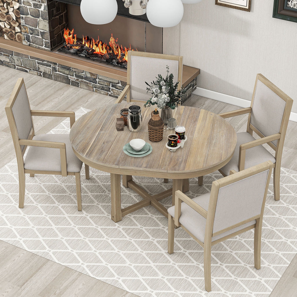 5-Piece Extendable Wood Dining Table Set with 4 Upholstered Chairs W753