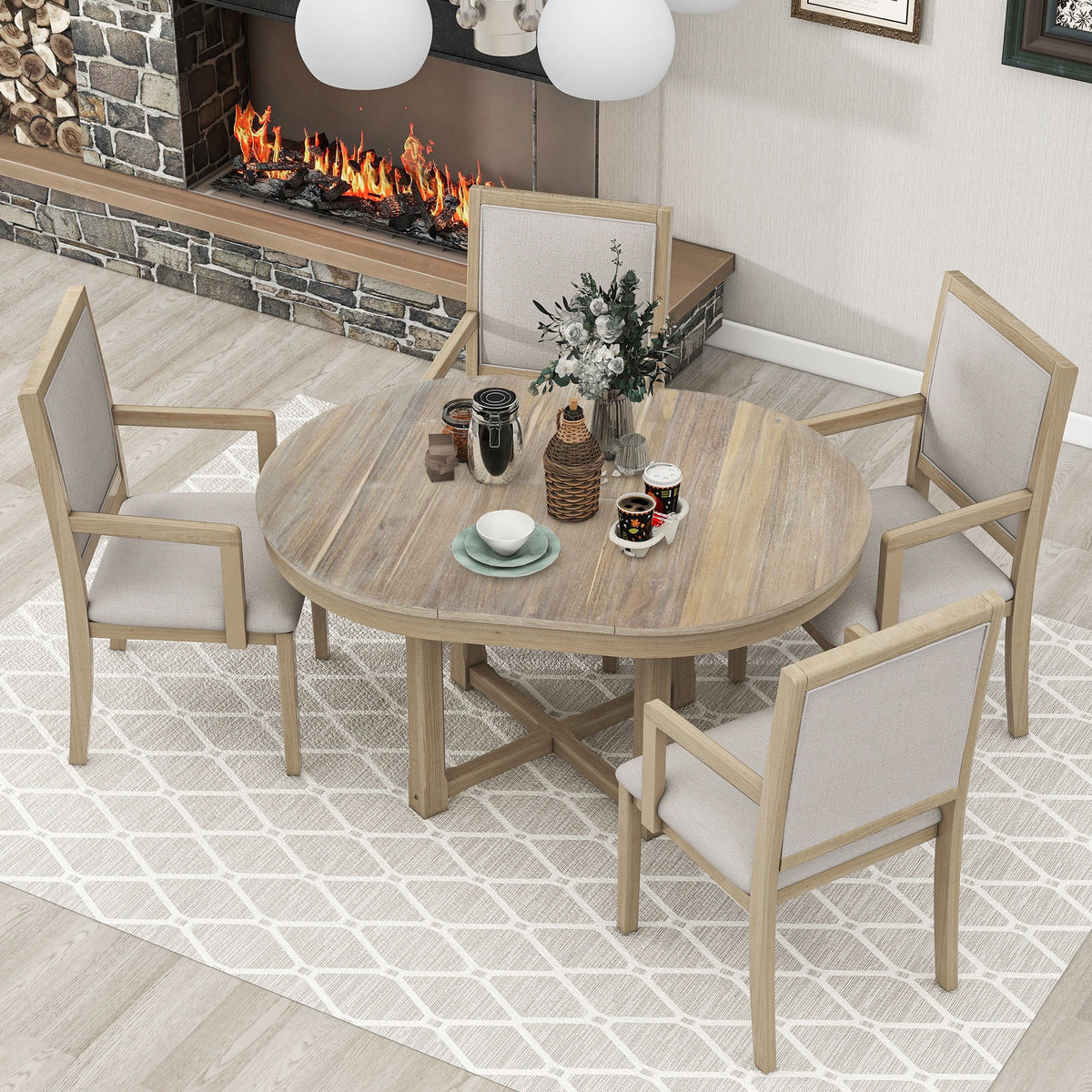 5-Piece Extendable Wood Dining Table Set with 4 Upholstered Chairs W753