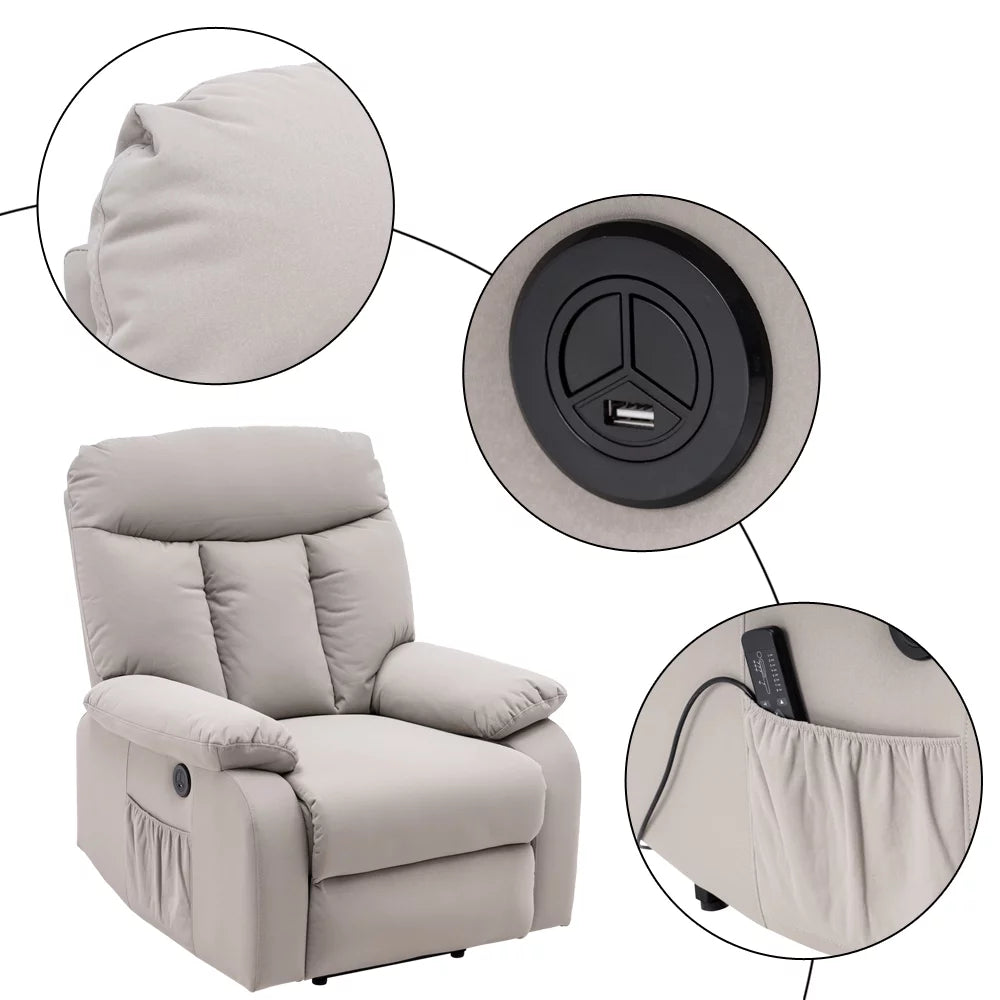 Electric Lift Recliner Massage Sofa Chair with Remote Control Silver White Z19540