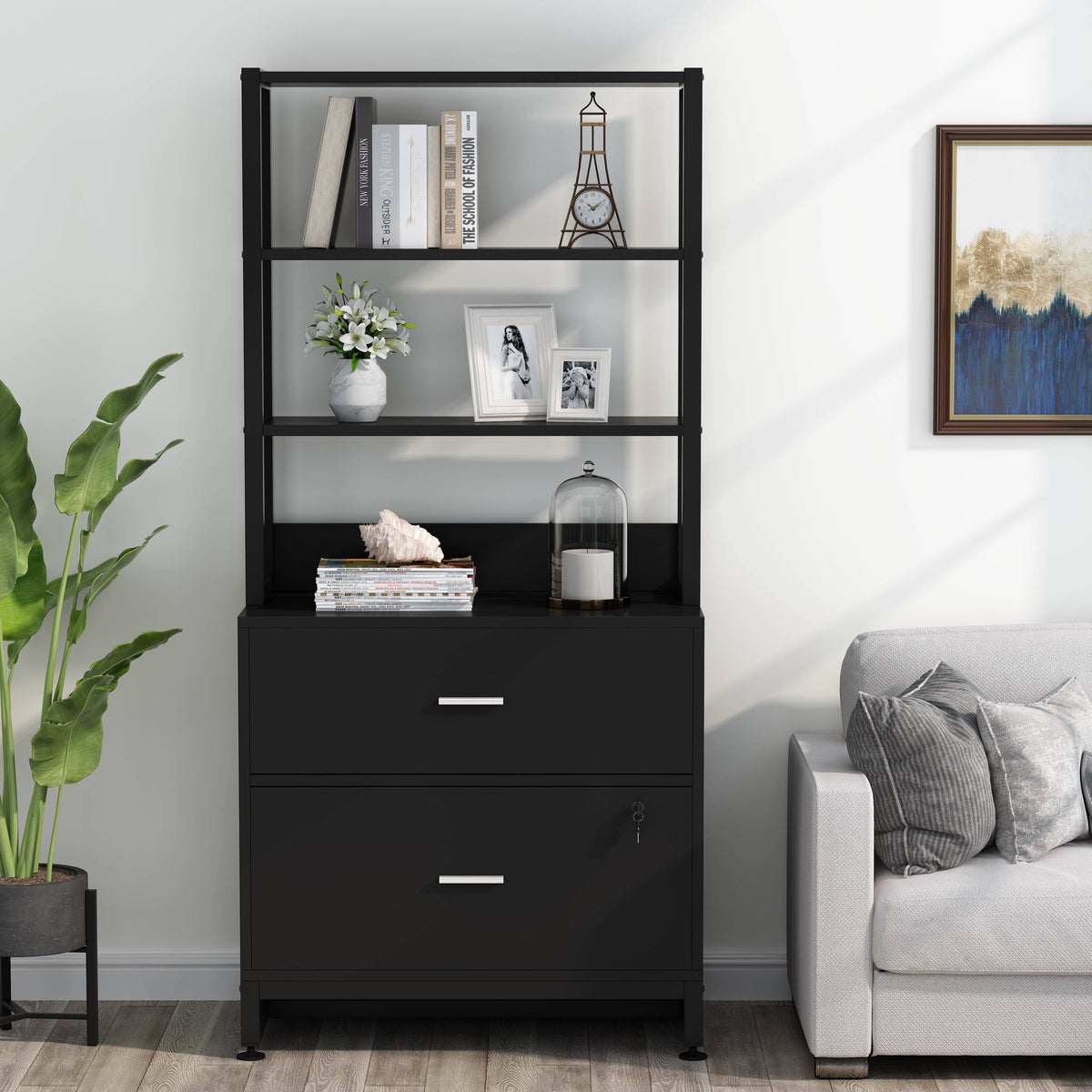 2 Drawer File Cabinet with Lock Bookshelf, Letter Size Printer Stand - Brown Z1998