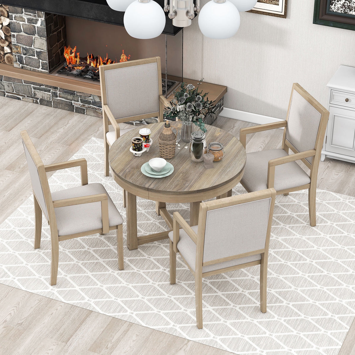 5-Piece Extendable Wood Dining Table Set with 4 Upholstered Chairs W753