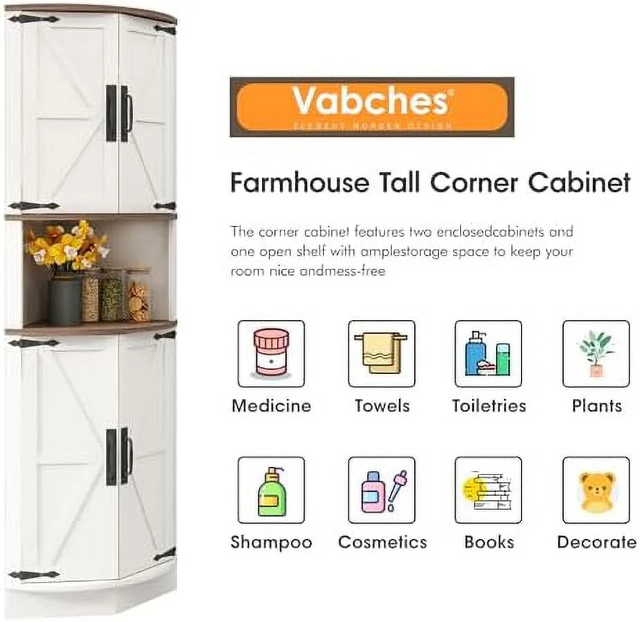 64.8" Tall White Corner Cabinet with 4 Doors and 5 Shelves B8849