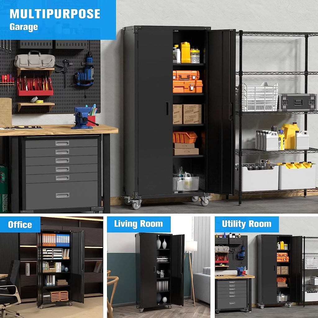 Metal Storage Cabinet with Lock, 72In Steel Storage Cabinet with Wheels, Black J98037