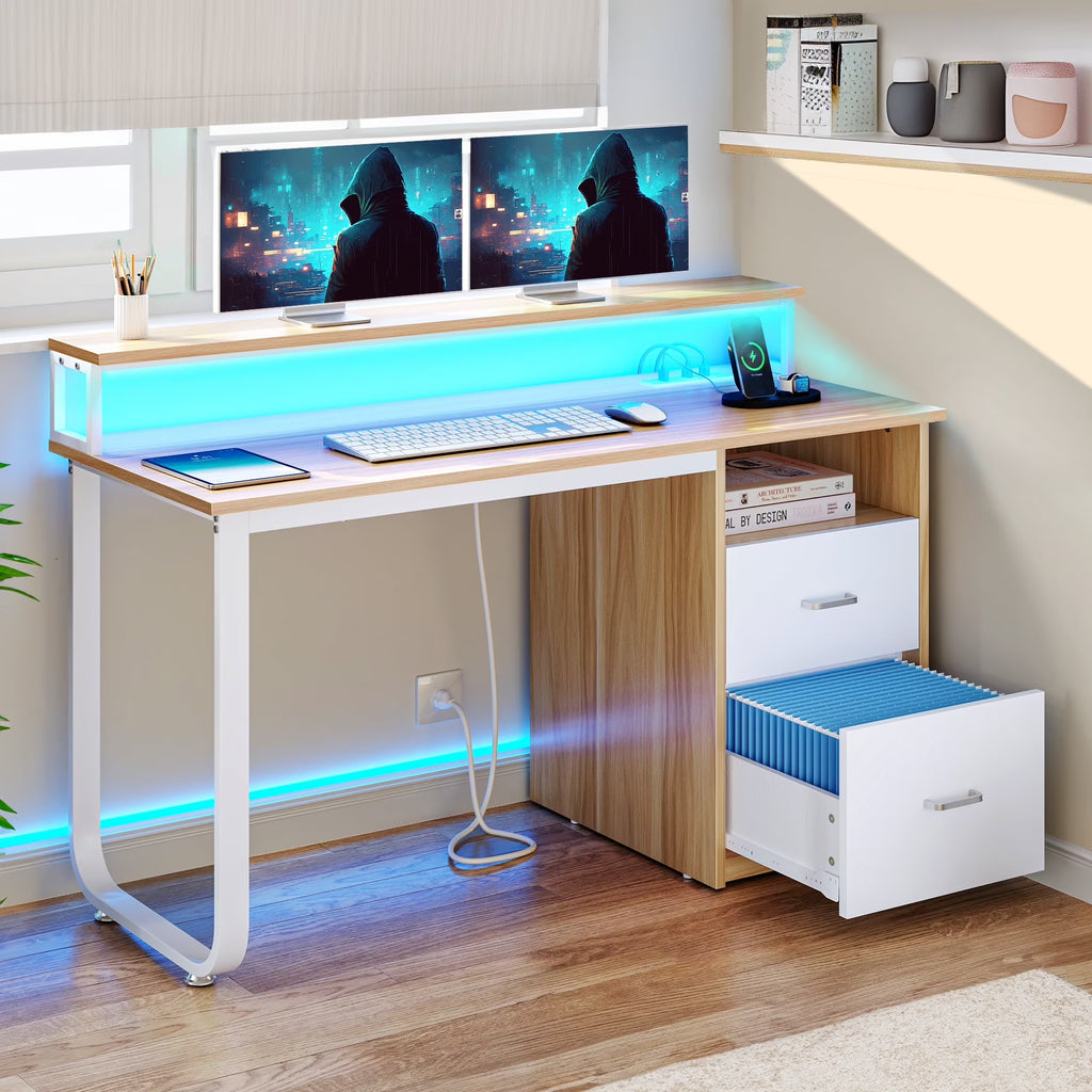 47 inch Computer Desk with Storage Drawers & LED Light, Monitor Stand & Power Outlets G143430