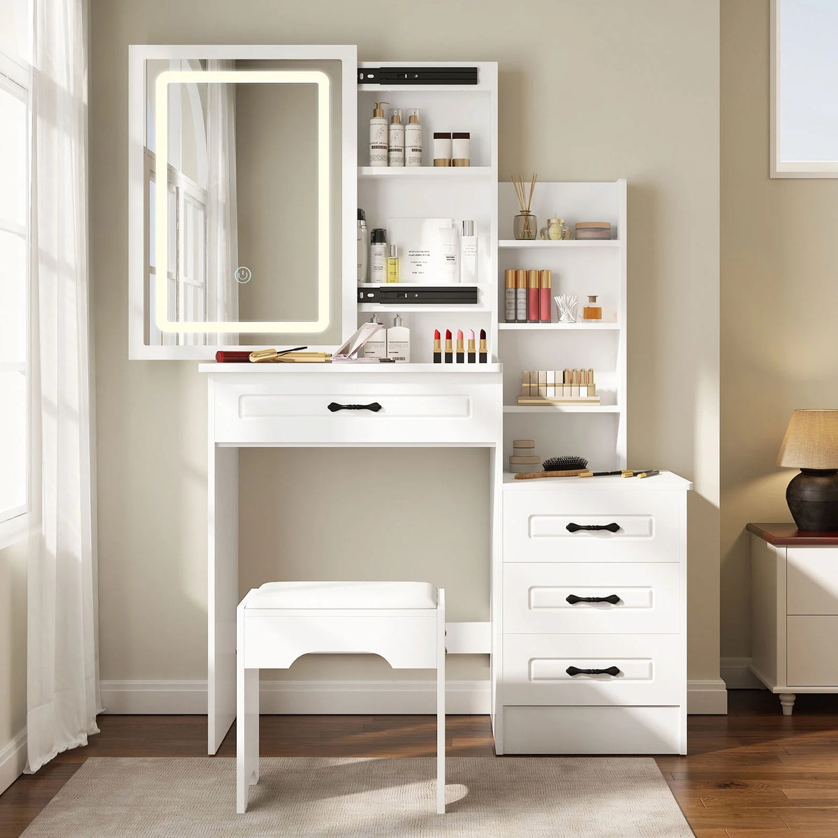 White Vanity Desk with Stool, Sliding Mirror, 4 Drawers & Shelves H761090