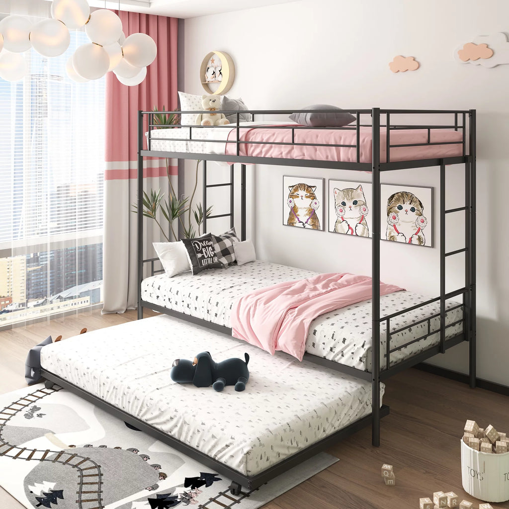 Black Twin Over Twin Metal Bunk Bed with Trundle R264293