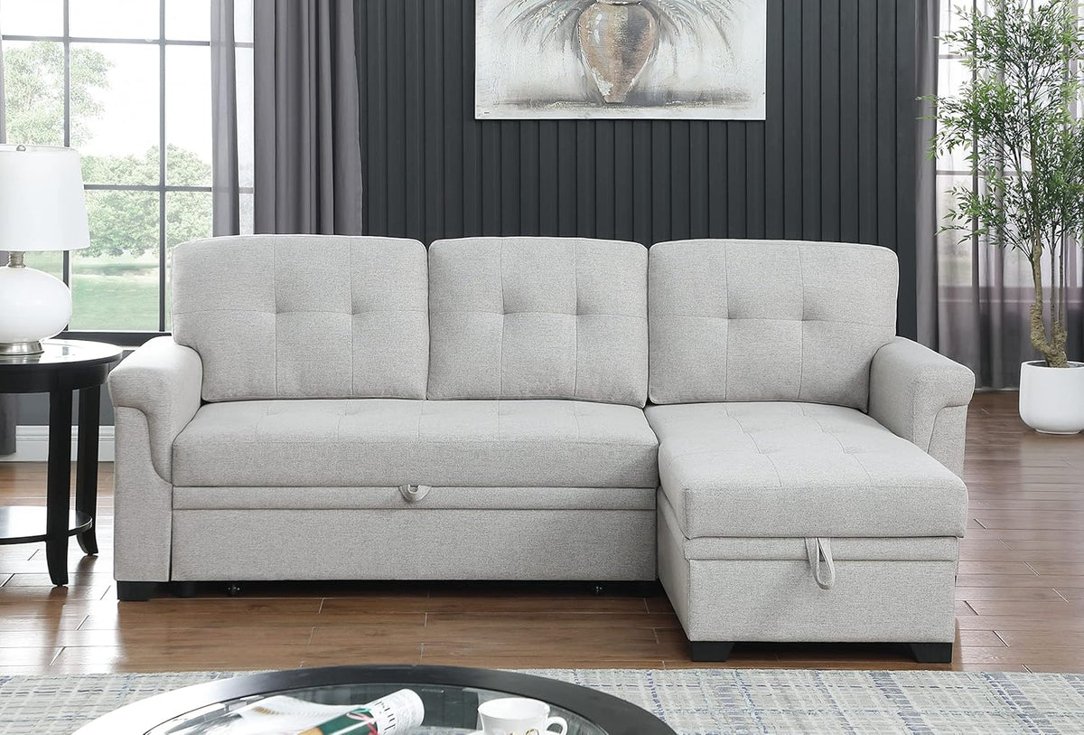 L-Shaped Linen Tufted Reversible Sleeper Sectional Sofa with Pull Out Sleep Couch Bed, Light Gray I3548