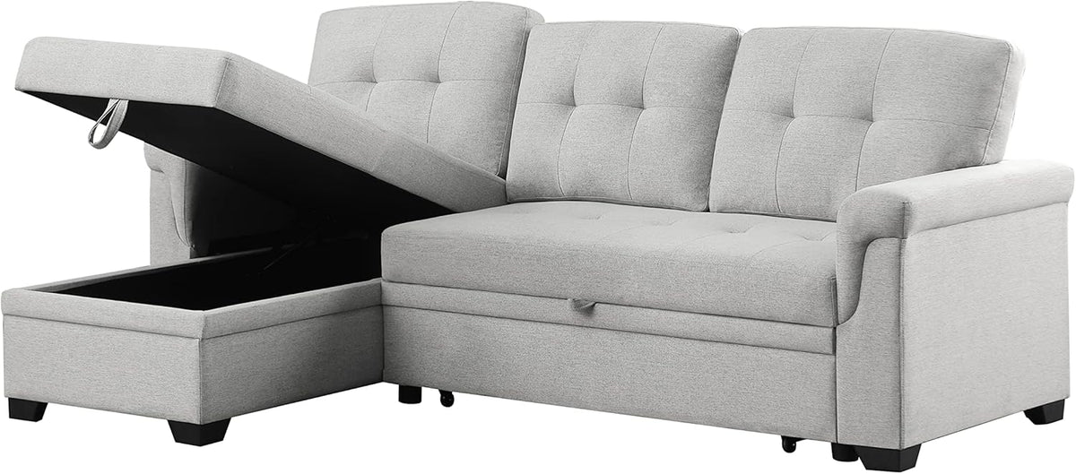 L-Shaped Linen Tufted Reversible Sleeper Sectional Sofa with Pull Out Sleep Couch Bed, Light Gray I3548