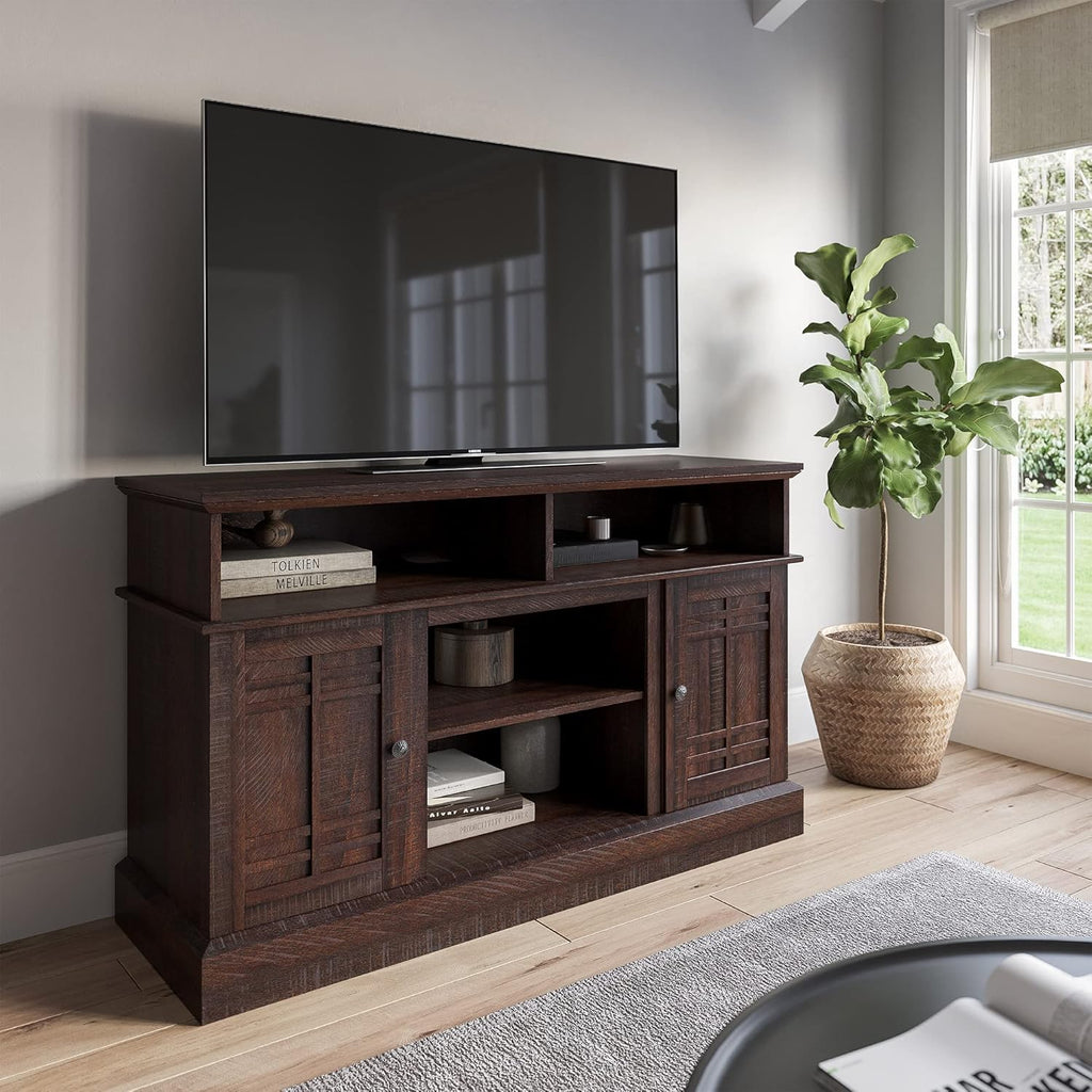 Gray Wash Wood TV Stand with Open Storage Shelves & Cabinets E420644