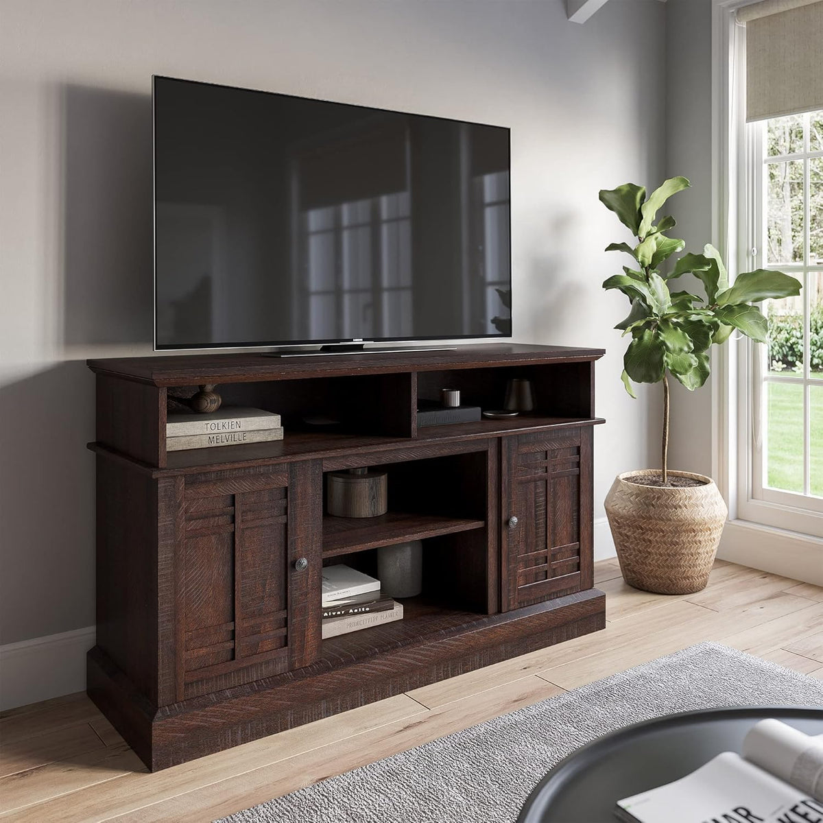 Gray Wash Wood TV Stand with Open Storage Shelves & Cabinets E420644