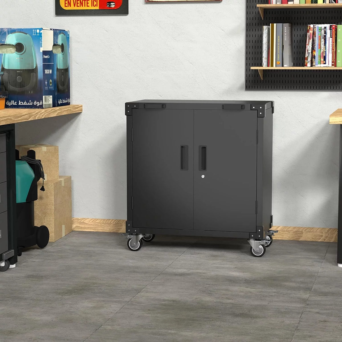 Lockable Steel Storage Cabinet with Adjustable Shelves Wheels Black U242