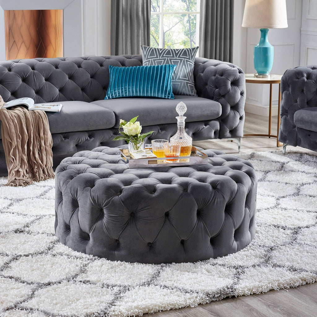 Tufted Velvet Round Ottoman with Casters P206528