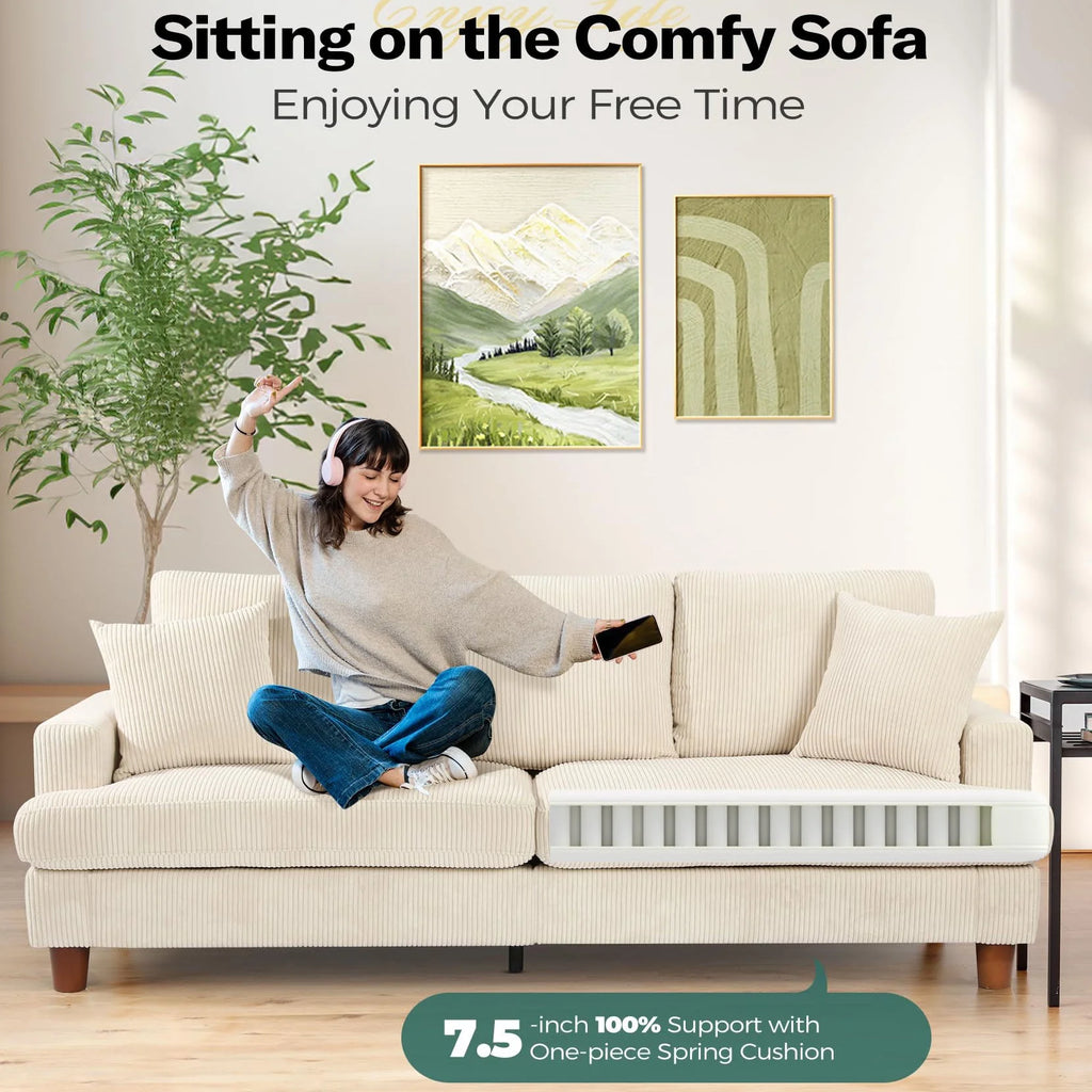 Beige 87" Corduroy 3 Seater Sofa with 2 Pillows L11369