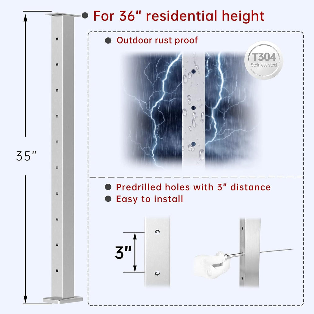 4Pack Stainless Steel Brushed Pre-Drilled Cable Railing Post U7898